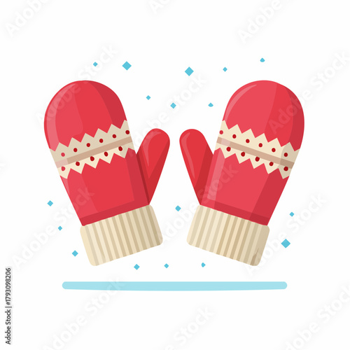 Vibrant red winter mittens adorned with festive patterns and surrounded by delicate snowflakes, perfect for cozy cold weather protection and seasonal warmth