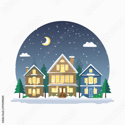 Winter Neighborhood Cozy Homes Under a Starry Sky in Vector Illustration