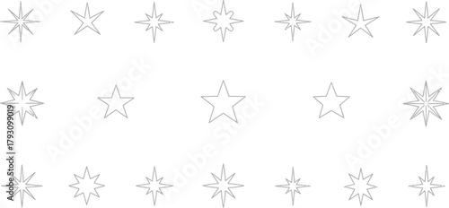 Star Outline Variety Silver Star Shapes on Transparent Background, Decorative Design