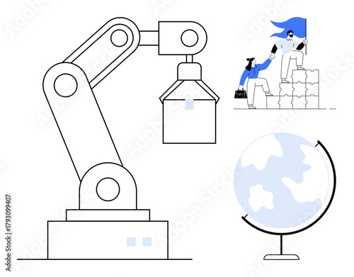 Industrial robotic arm working, globe on a stand, and team achieving goals together. Ideal for technology, teamwork, innovation, global progress, automation education collaboration. A simple flat