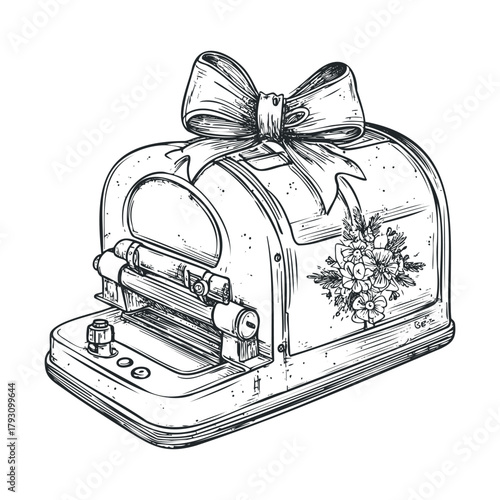 Decorative vintage embossing machine with floral design and ribbon.Vector hand draw