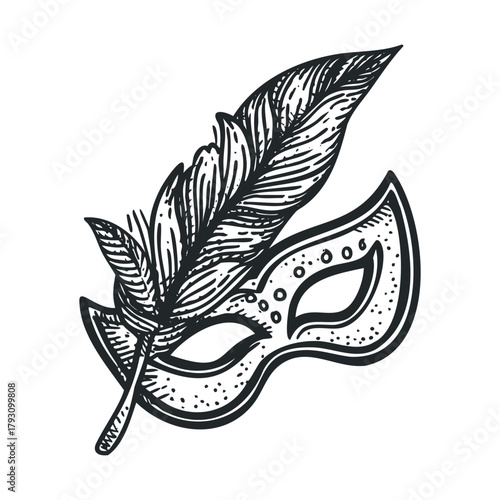 Colorful masquerade mask with feather for festive celebration.Vector hand draw