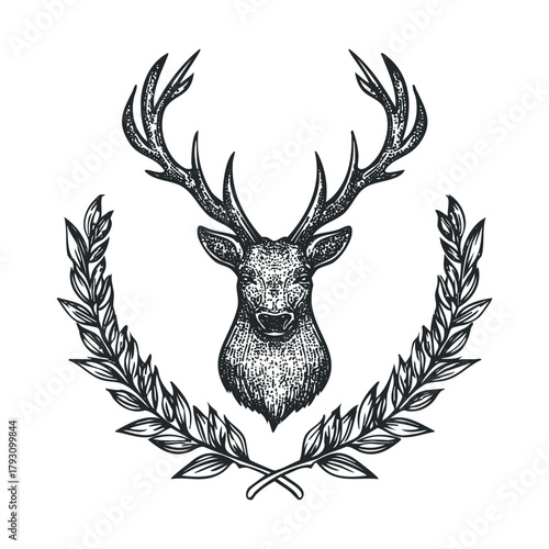 Vintage deer head emblem with decorative leaves and antlers.Vector hand draw