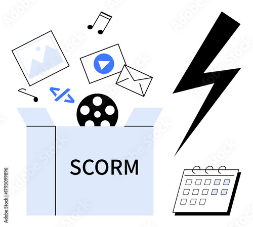 Open SCORM box with images, audio, video, code, email, music, lightning bolt, and calendar. Ideal for e-learning content delivery technology multimedia digitalization data sharing seamless