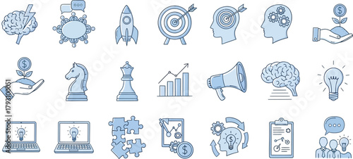 Strategy Doodles Brainstorming, Chess Piece, Business Growth, Laptop Icons Set