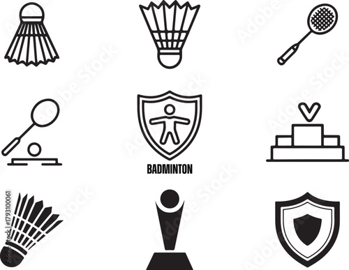 Badminton Icons Set With Shuttlecock Racquet and Trophy Keywords: badminton, shuttlecock