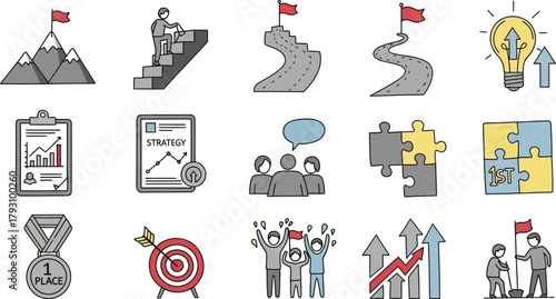 Success and Achievement Icon Set With Mountain, Stairs, Medal, Target & Strategy