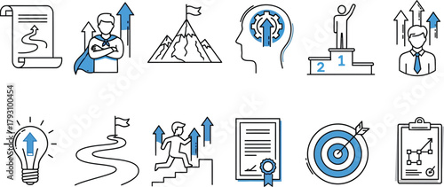 Success Icons Set with Growth Arrow, Businessman, Target Achievement in Line Art