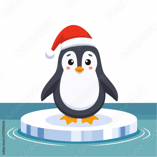 Cute cartoon penguin wearing a Santa hat, standing on an ice floe in water, perfect for holiday illustrations and winter themes