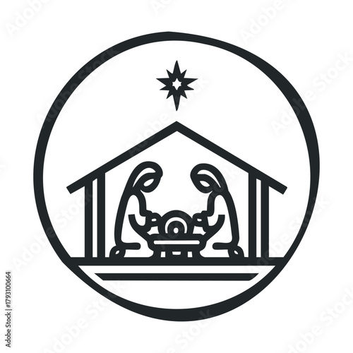 Nativity scene with figures at stable and bright star above.Vector 