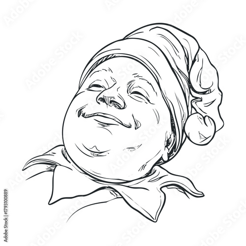 A cheerful elf character smiles warmly while wearing a festive hat.Vector hand draw
