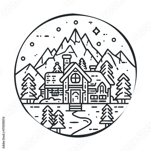 Cozy mountain cabin with scenic view of mountains and trees.Vector hand draw