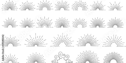 Sunburst Rays Collection Gray Isolated on White Background SemiCircle Light Beams Set