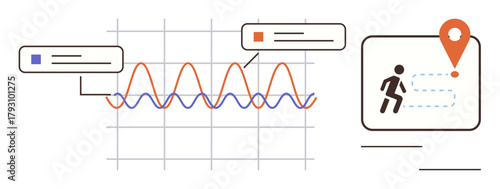 Graph with data points, dialogue boxes, map icon with runner, and location pin denote fitness tracking, exercise progress, and data visualization. Ideal for health, sports, analytics goals