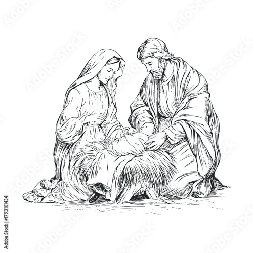 Depiction of a nativity scene with Mary, Joseph, and baby Jesus.Vector hand draw