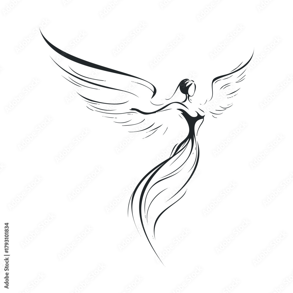 Obraz premium Elegant angel design with flowing wings and grace.Vector hand draw