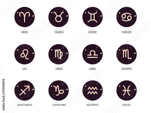 Zodiac signs icon set. Isolated horoscope zodiac symbols, Aries, Taurus, Gemini, Cancer, Leo, Virgo, Libra, Scorpio, Sagittarius, Capricorn, Aquarius, and Pisces. Zodiac astrology vector illustration