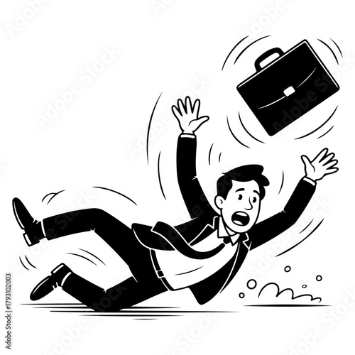 A businessman falls and drops his briefcase, a comical illustration of a work mishap