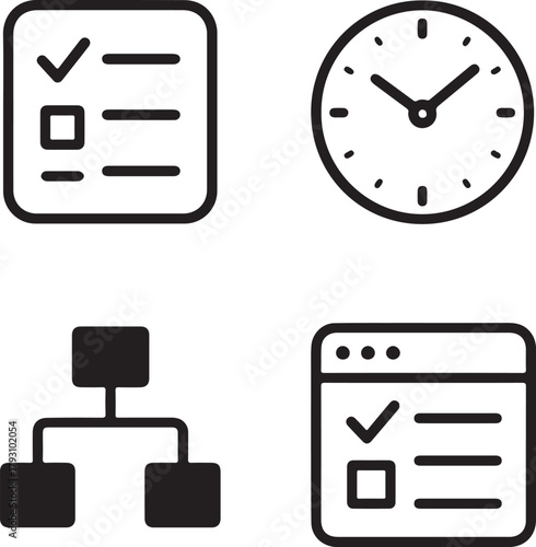 Isolated Productivity App black vector icon set, productivity app icons, task management workflow time, solid black outline filled minimal thin stroke, efficiency work planning symbols