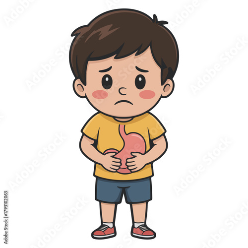 A sad boy with a stomach ache