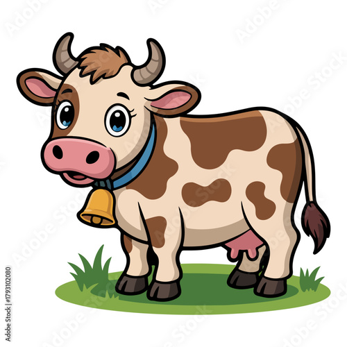 A cute cartoon cow, adorned with spots and a bell, standing in a field of grass. The cow exudes a friendly and cheerful vibe.