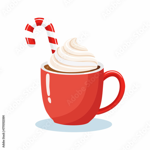 Festive hot chocolate with whipped cream and a candy cane, a perfect winter holiday beverage