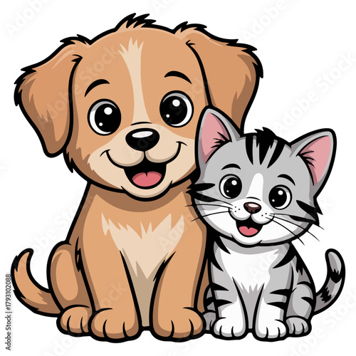 A cute cartoon dog and cat sitting together side by side, forming an adorable pair. The image shows the friendship between pets, conveying a sense of companionship