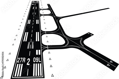 Black and white airport runway markings and taxiways, airport, runway, taxiway, aviation, air traffic control, navigation, markings, lines, black and white, graphic, illustration, aerial view, overhea