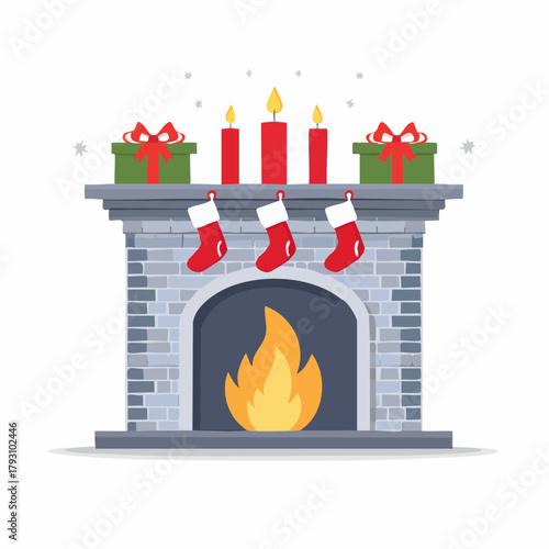 Festive Christmas Fireplace with Burning Fire, Ornaments, and Stockings