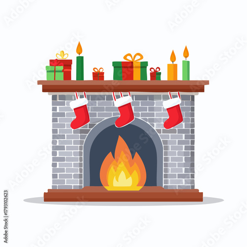 Festive Christmas fireplace decorated with hanging red stockings, gift boxes, and burning candles on the mantel