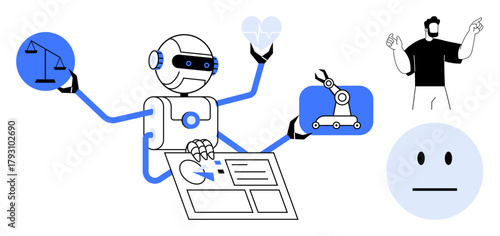Robot with multiple arms handling legal scales, heart, mechanical automation, and digital interaction concepts. Ideal for technology, AI, ethics, human-robot interaction, innovation balance