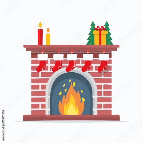 Cozy brick fireplace decorated for the Christmas holiday with a warm fire, hanging stockings, lit candles, and a gift on the mantelpiece