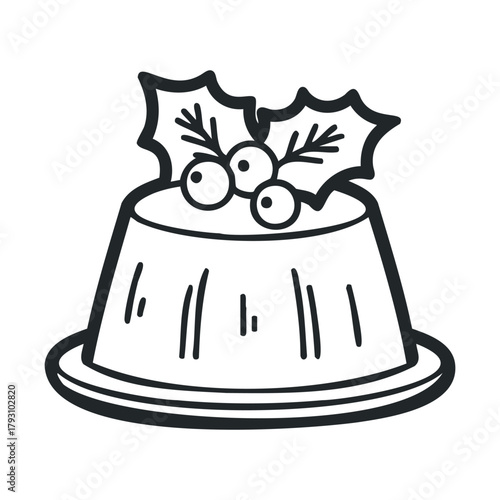 Holiday dessert featuring festive pudding with holly and berries.Vector 