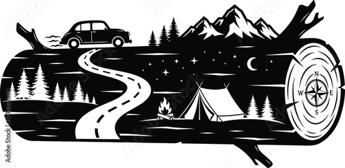 Black and white camping scene inside a log with car and mountains, log, tree trunk, camping, tent, campfire, car, road, mountains, night, stars, moon, compass, forest, pine trees, adventure, travel, o