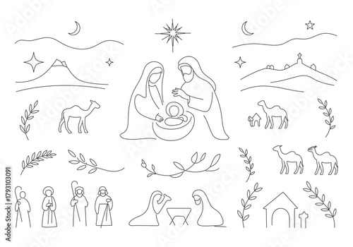 Minimal nativity scene line art with holy family shepherds and Christmas symbols