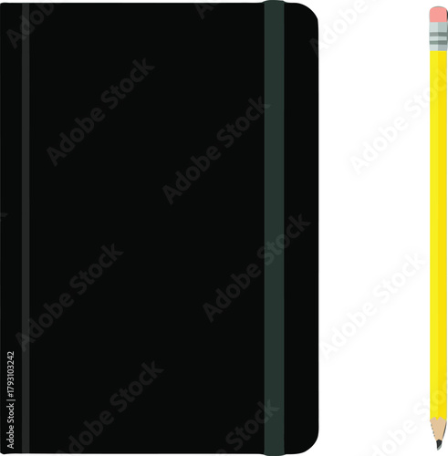 Black notebook and yellow pencil isolated on a clean white background