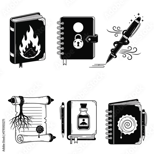 Grimoire and Magical Writing Set – Spellbook, Flame Journal, Feather Pen and Potion Ink Icons

