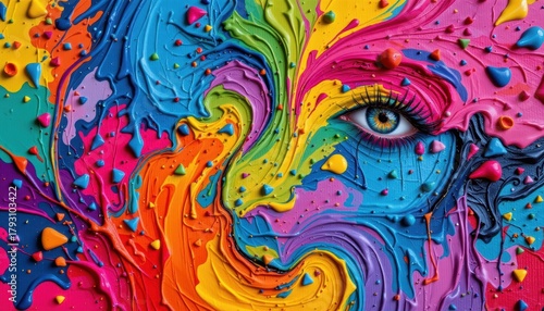 Colorful Abstract Face with Eye in Swirling Paints and Dynamic Texture Creating Vibrant Emotion