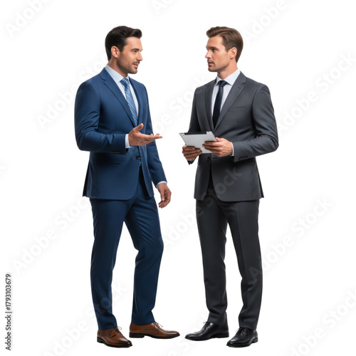 Two businessmen talking together and holding tablet isolated on white