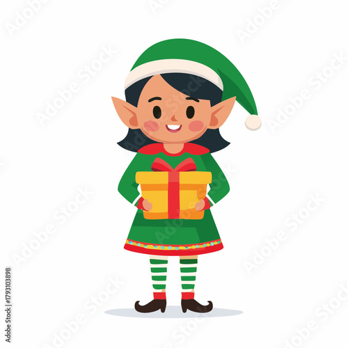 Cute Christmas Elf Holding a Gift Box, Festive Holiday Character Illustration
