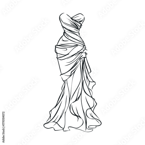 Elegant draped gown design for formal occasions and fashion events.Vector hand draw