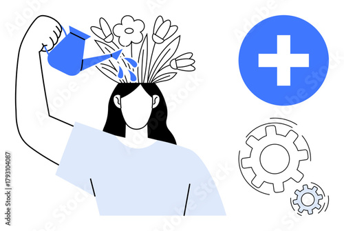 Person watering flowers growing from head symbolizes personal growth and self-care. Plus sign for wellness and gears for mental health. Ideal for education, mindfulness, wellness, growth, positivity