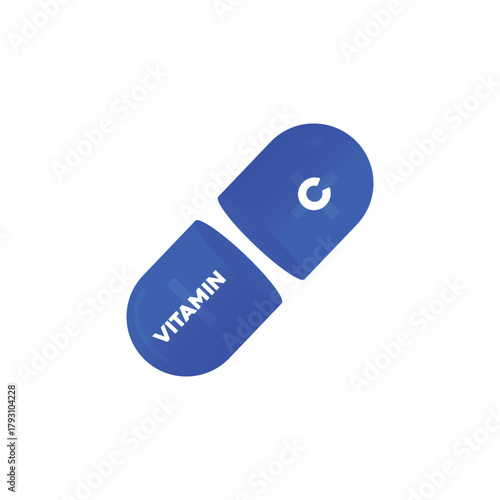A blue capsule split open displaying the letters c and vitamin
