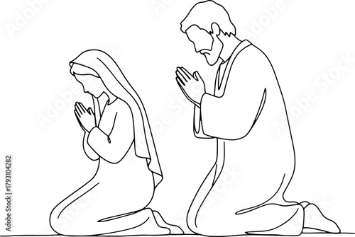 Couple kneeling and praying illustration in minimalist black line style