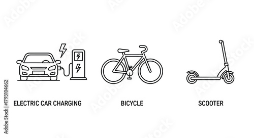 Line art illustration of an electric car bicycle and scooter with labels