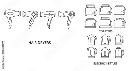 Line art illustration of hair dryers toasters and electric kettles