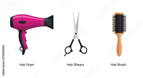 A colorful arrangement of hair dryer scissors and a round hair brush