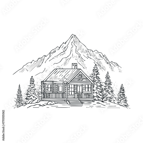 Cozy mountain cabin with pine trees and majestic peaks.Vector hand draw
