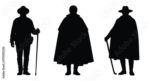 Silhouettes of three figures in traditional clothing standing side by side
