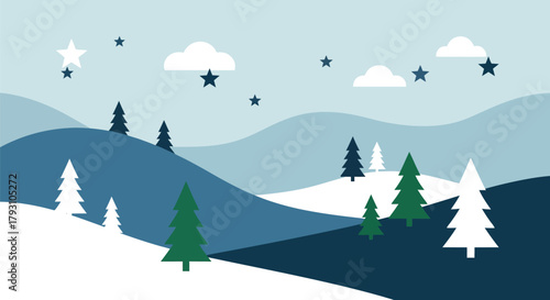 Winter Landscape with Snow-Covered Hills and Evergreen Trees.